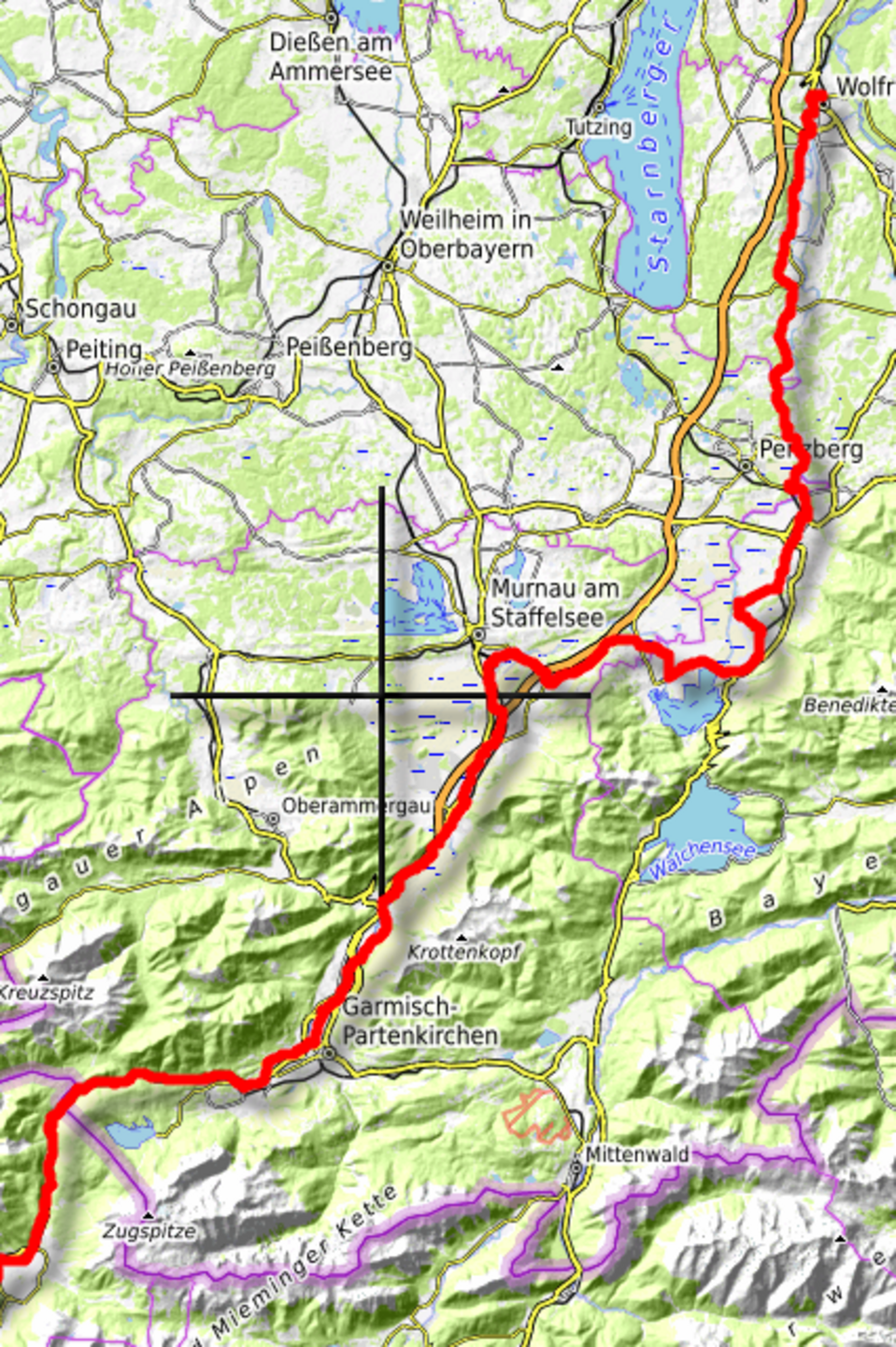 für eine ausführliche Karte siehe untern den Link zu Waymarked Trails Karte mit Route