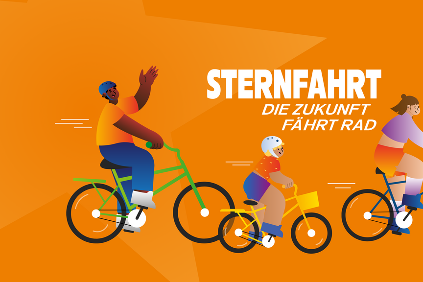 Sternfahrt Illustration einer Gruppe Radfahrender zur ADFC-Sternfahrt