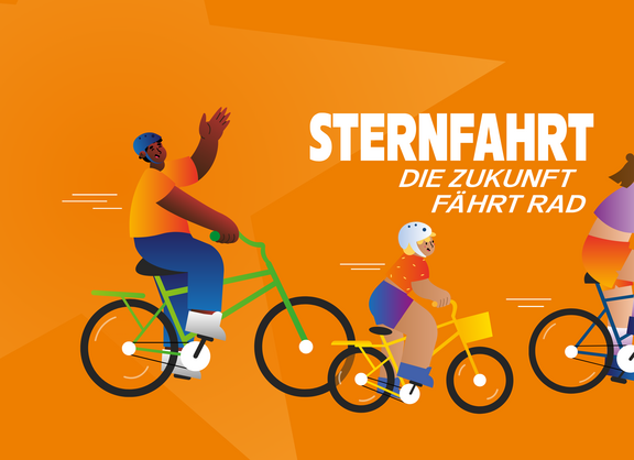 Illustration einer Gruppe Radfahrender zur ADFC-Sternfahrt